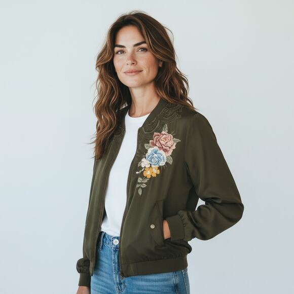 Johnny Was 100% SILK Alice Flower Embroidery Green Floral Bomber Jacket Boho - Picture 1 of 12